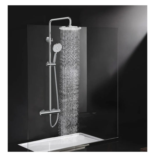 Rainsworth Thermostatic Shower Mixer Set Chrome, 25cm Round Overhead Rainfall Shower, 3 Jet Types Handheld Shower, Height Adjustable Shower System