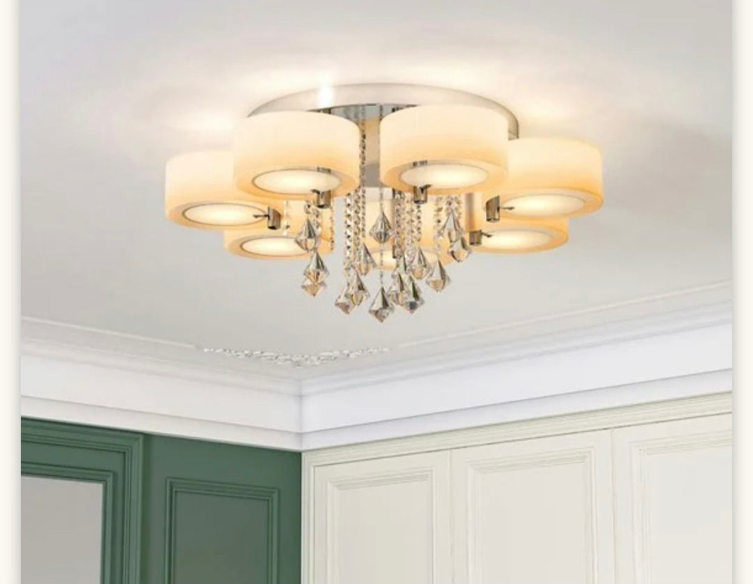 Living and Home Ceiling Light Semi-Flush Mount, Cylindrical Acrylic Lampshades, Crystal Drops