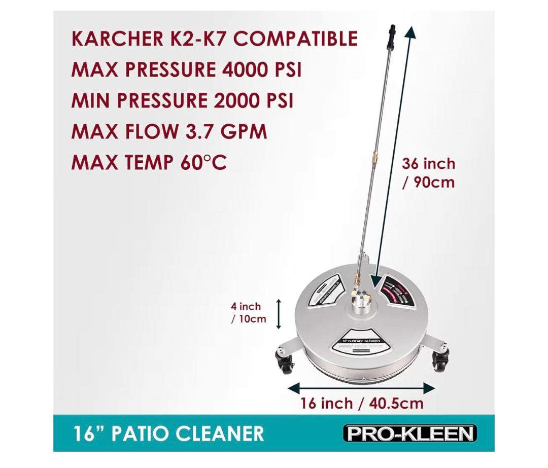 Pro-Kleen Pressure Washer Surface Patio Cleaner Karcher Compatible, Attachment Cleaning for Driveways, Patios, Extra 1/4" Quick Connect Nozzle, 2 Extension Wands (16" Stainless Steel Patio Cleaner)