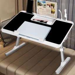 Laptop Desk USB Bed Table, Adjustable Height and Angle Laptop Tray, Foldable Laptop Stand with USB Charge Port, Book Stand & Drawer, Card Slot