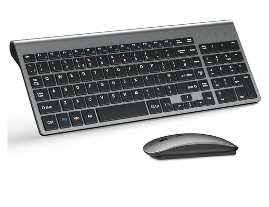 Ultra-Slim Wireless Keyboard and Mouse Combo with Mouse Pad, MOOJAY 2.4G USB Compact Silent Keyboard Mouse with Scissor Switch with Lid, AA&AAA Batteries, for PC/Laptop/Windows – Black Grey