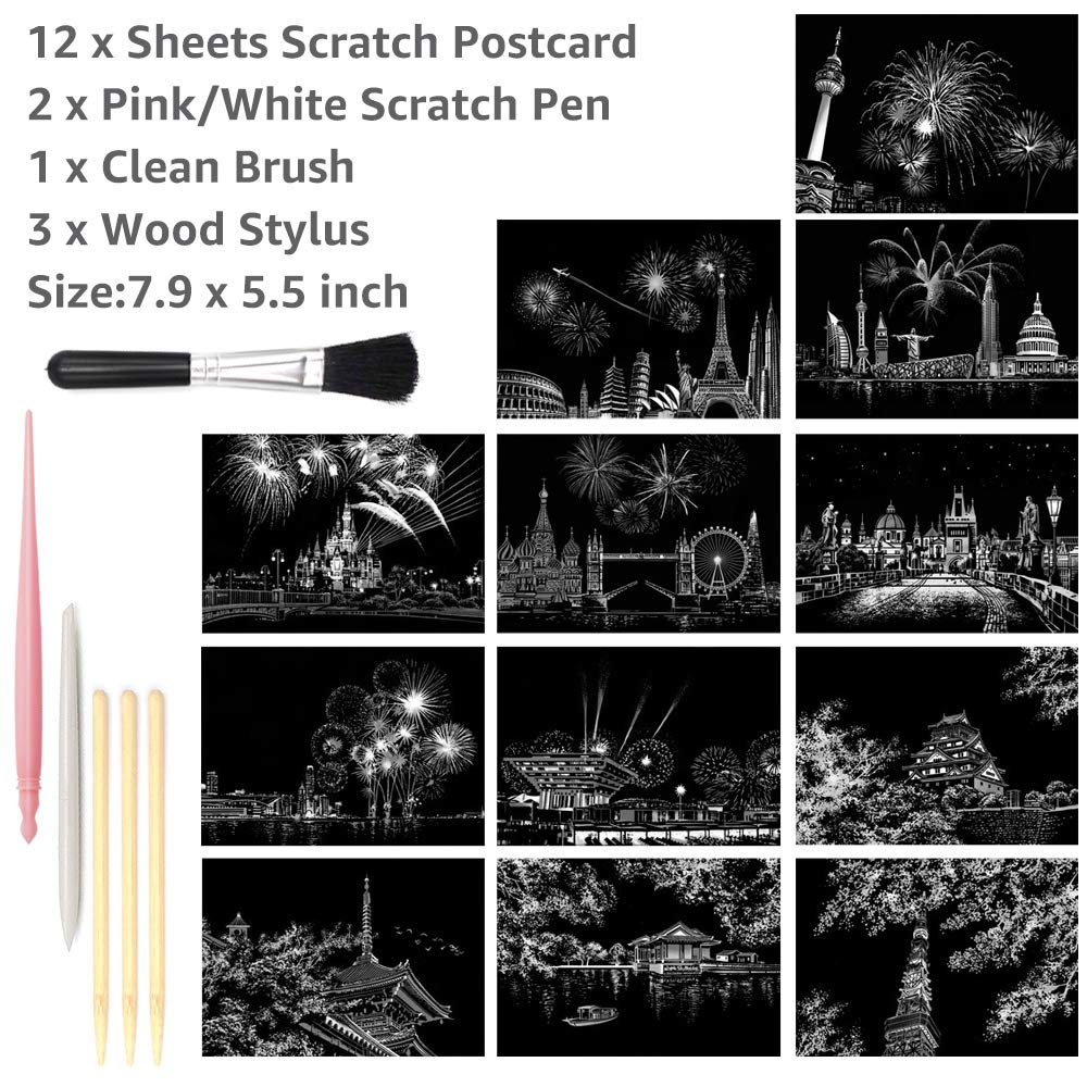Magic Scratch Art Paper Set - Rainbow Landscape, 12 Sheets & Tools