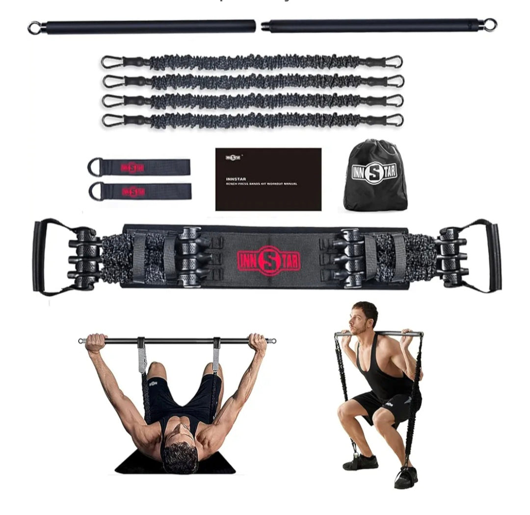 INNSTAR Portable Home Gym Set with Workout Bar, Bench Press Set, Squat Resistance Band, Door Anchor and More-Full Body Workout Equipment to Build Muscle and Shape Body
