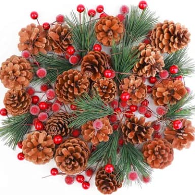 130Pcs Christmas Artificial Pine Cone Berry Set, 20Pcs Natural Pinecones, 100Pcs Red Berries, 10Pcs Pine Branches, Christmas Wreath Making Decoration Xmas Tree Ornament Home Winter Party