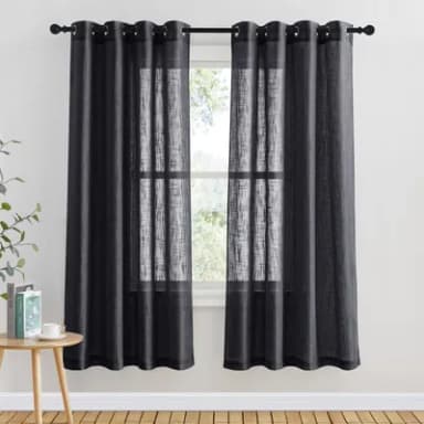 PONY DANCE Black Voile Curtains 63 Drop - Window Net Curtains for Sun Light Filtering Eyelet Top Lightweight Semi Sheer Panels for French window/Living Room/Bathroom, Set of 2, 52 x 63 Inches