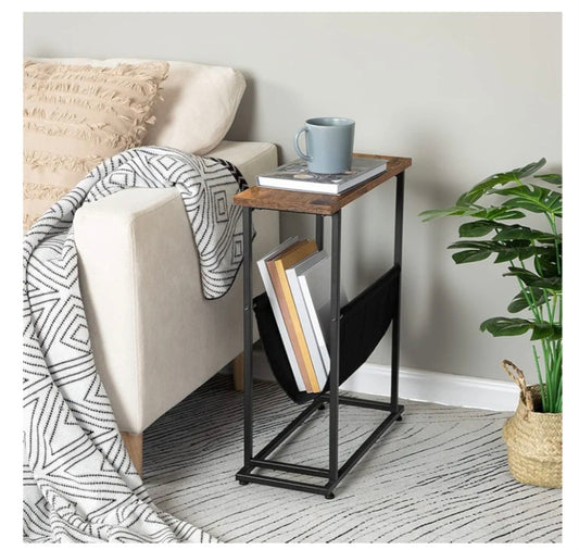 HOOBRO Side Table with Magazine Holder Sling, Narrow End Table, Industrial Slim Nightstand for Small Spaces, Wood Look Accent Table with Metal Frame, Easy Assembly, Rustic Brown and Black BF81BZ01