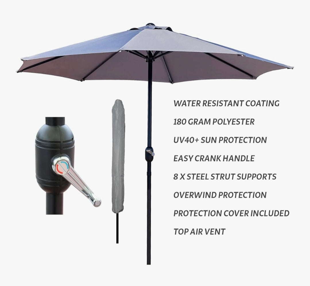 GlamHaus Garden Parasol Table Umbrella 2.7M with Crank Handle for Outdoors, UV40 Protection, Includes Protection Cover, Gardens and Patios - Robust Steel (Grey