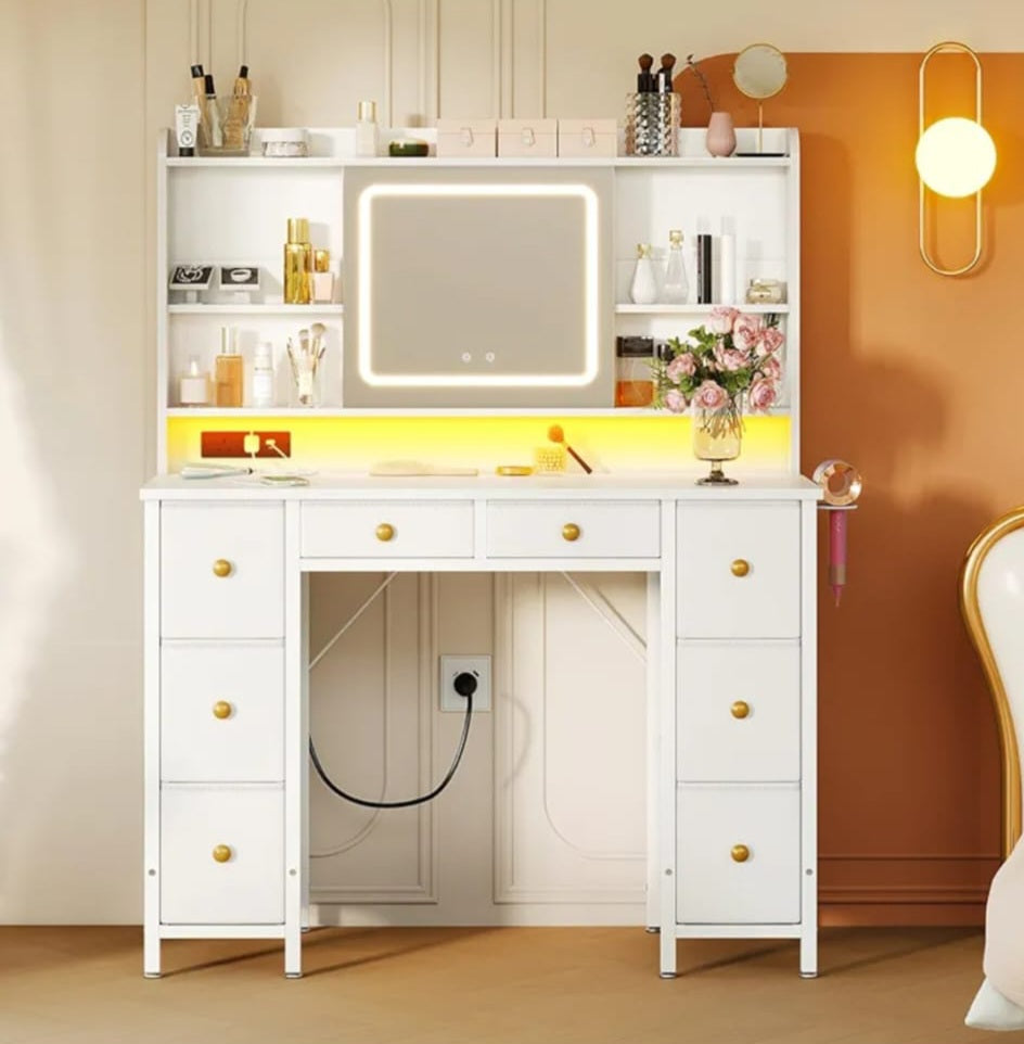 ODK Dressing Table with 8 Drawers and Movable LED Mirror, Vanity Desk with Built-in USB Power Outlets & RGB Light Strip, Vanity Table, White makeup table 110×40×137cm