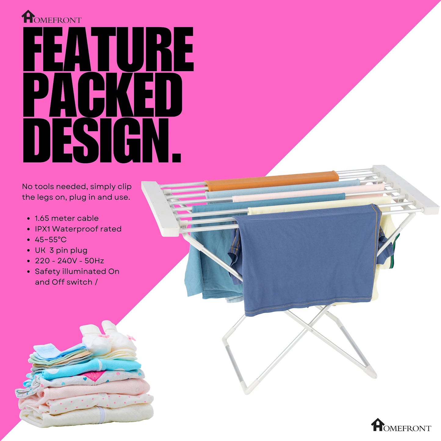 Homefront Electric Heated Clothes Horse Rail Airer Dryer 130W - Indoor Portable Free Standing - Energy Efficient, Low Energy