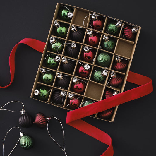 Red, Green & Black Plastic Round Christmas bauble set, Pack of 30 (D) 30mm