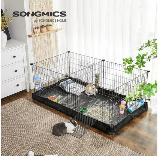 SONGMICS Guinea Pig Enclosure Small Animal Run with Divider 2 Separate Areas with Fabric Base 3 Doors 123 x 63 x 46 cm Black LPI07H