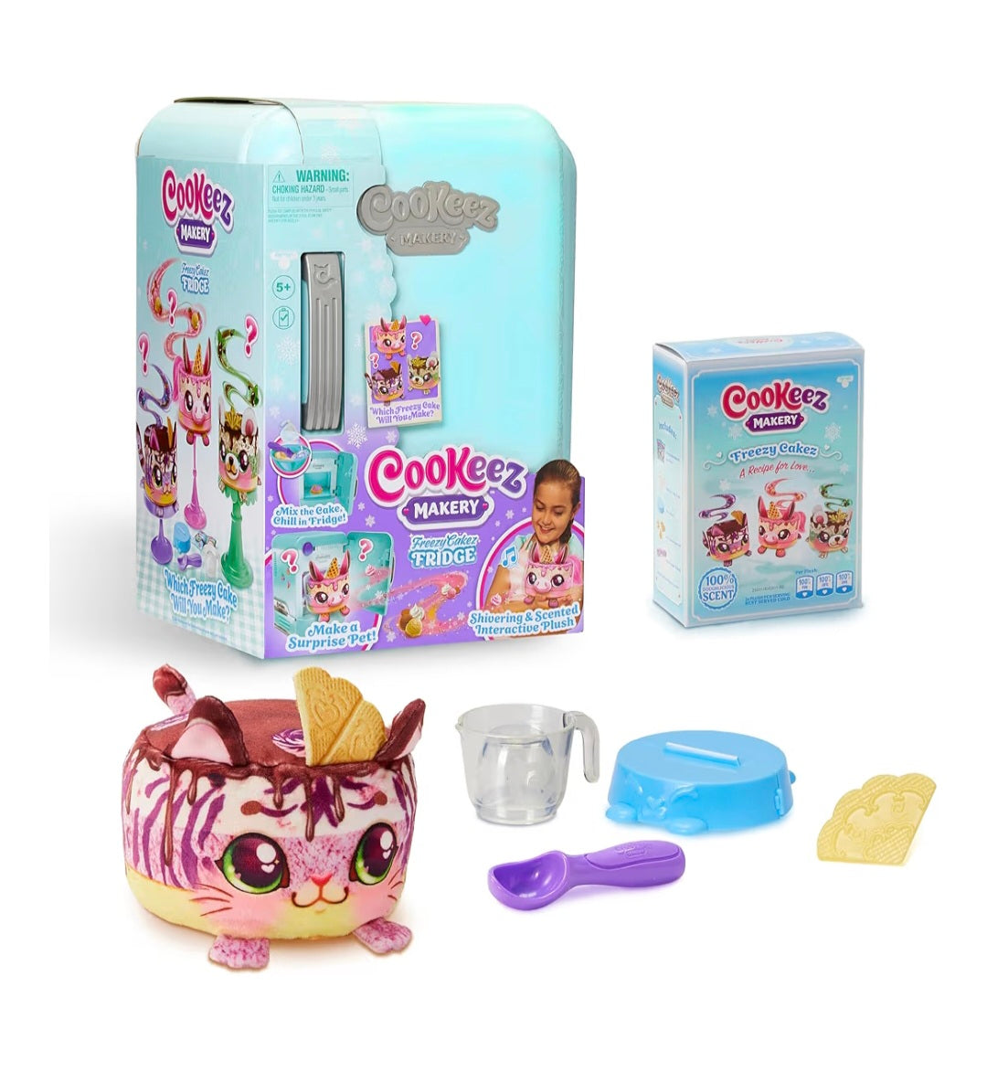 Cookeez Makery Freezy Cakez Mix & Decorate your plush best friend! Place your cake mix in the freeze And Be Amazed When A Scented, Shivering, Interactive Plush Friend comes out
