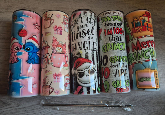 Christmas Stainless Steel 600ml Skinny Tumbler with Straw and Cleaning Brush 5 designs