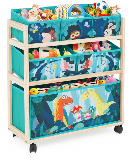 Children's Toy Organiser with Wheels and 6 Storage Containers with Large Capacity for Storing Toys for Nursery, Girls Room (Dinosaur)