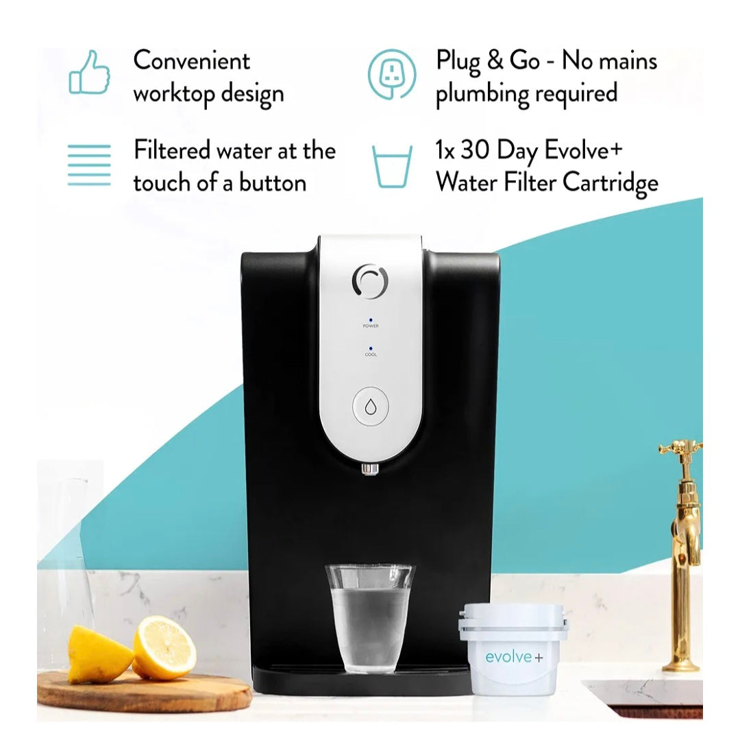 Aqua Optima Lumi Chilled Filtered Water Dispenser - Reduces Limescale, Microplastics, Chlorine & Lead with the Evolve+ Water Filter Cartridge - Countertop 8.2L Cooler for Home & Office