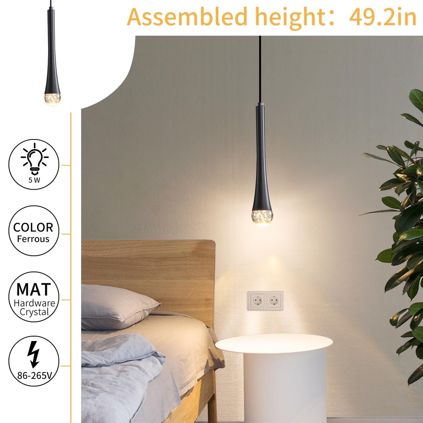 Modern Teardrop Design Black 2 Pack LED Ceiling Pendant Light, 3 Colour Temperature (3000K/4500K/6500K) Pendant Light, Removable E14 Bulb,