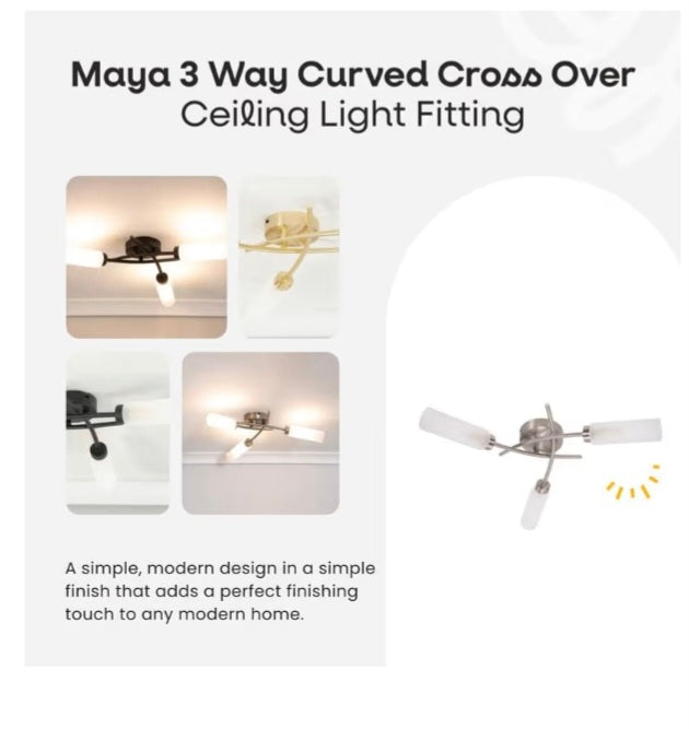 3 Way Curved Cross Over Design Brushed Chrome Ceiling Light Fitting | Close-to-Ceiling Lights, Home Décor & Improvement Essential | Mains Wired
