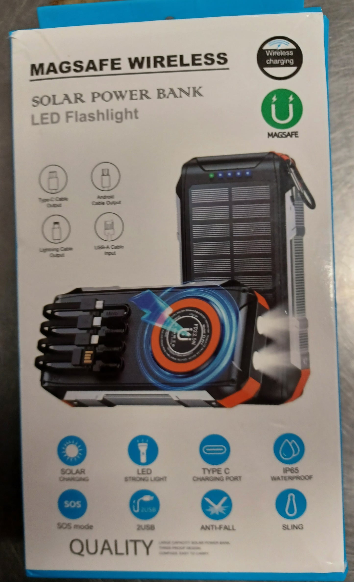 Solar Power Bank with LED Flashlight 30000mAh Wireless & Wired Charging with multiple outputs
