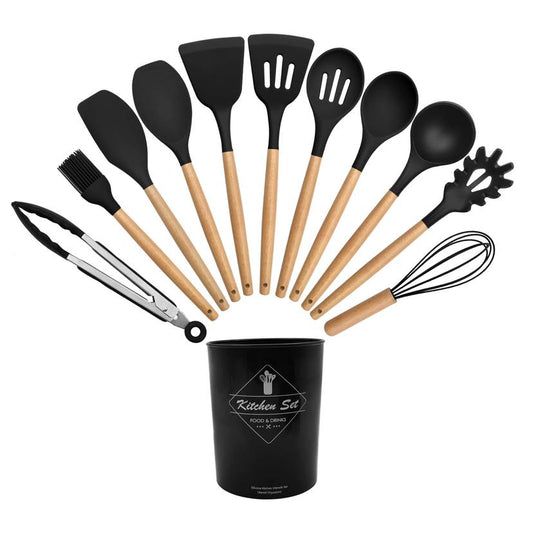 Silicone Kitchen Utensils Set with Wooden Handle, 12-Piece Silicone Cooking Utensils Non-Stick Heat Resistant Cookware, BPA-Free, Stirring Kitchen Tools Set, Spoon, Tongs, Whisk, Brush, Spatula-Black