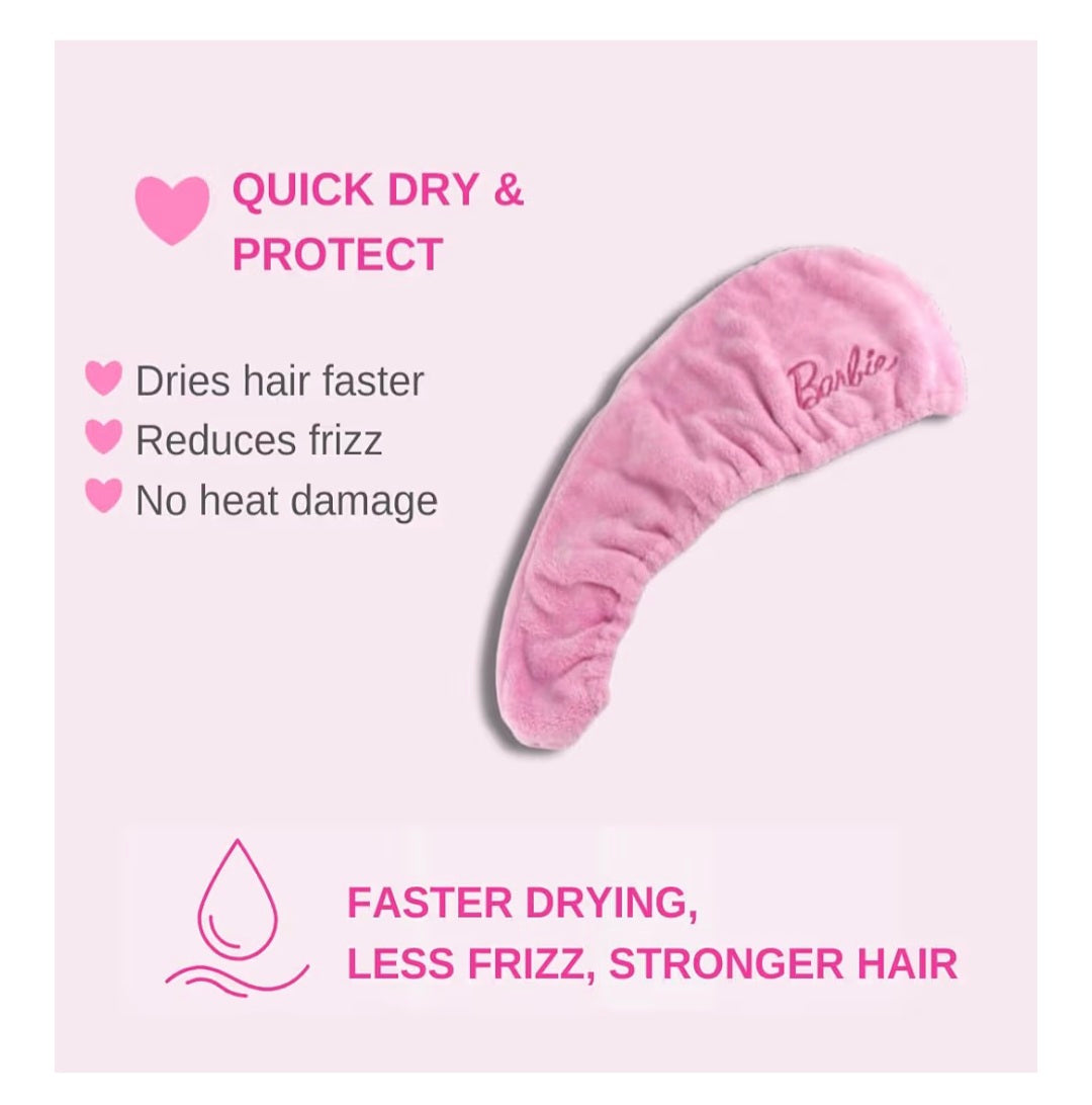 Barbie Hair Towel Turban & Scalp Massager Set – Microfibre Quick Dry Hair Wrap with Button Fastening + Silicone Head Massager Brush – Anti-Frizz Haircare Gift for Women, Girls & Teens