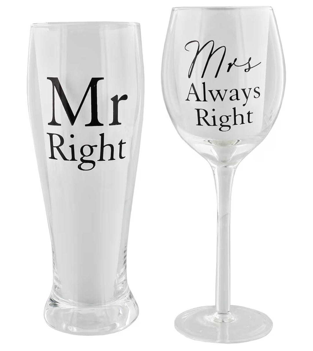 Mr Right and Mrs Always Right Pint & Wine Glass Gift Set with Box