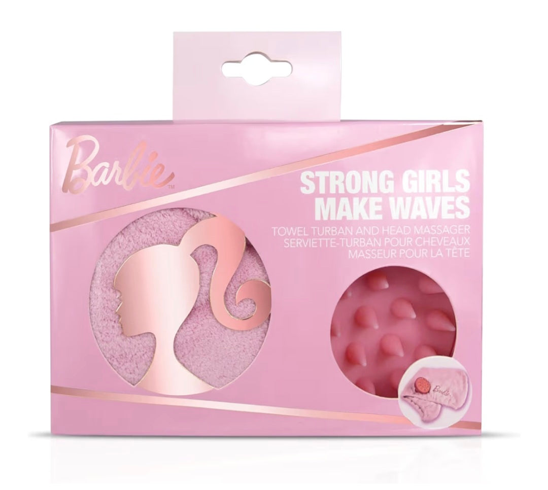 Barbie Hair Towel Turban & Scalp Massager Set – Microfibre Quick Dry Hair Wrap with Button Fastening + Silicone Head Massager Brush – Anti-Frizz Haircare Gift for Women, Girls & Teens