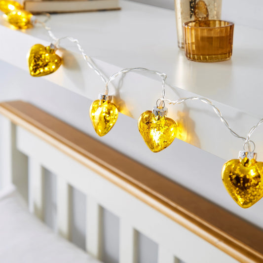 Gold glass heart Battery-powered Warm white 10 LED Indoor String lights