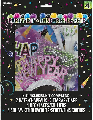 New Years Eve Party Kit For 4 People - Inc 2 Hats, 2 Tiaras, 4 Necklaces & 4 Squawker Blowouts
