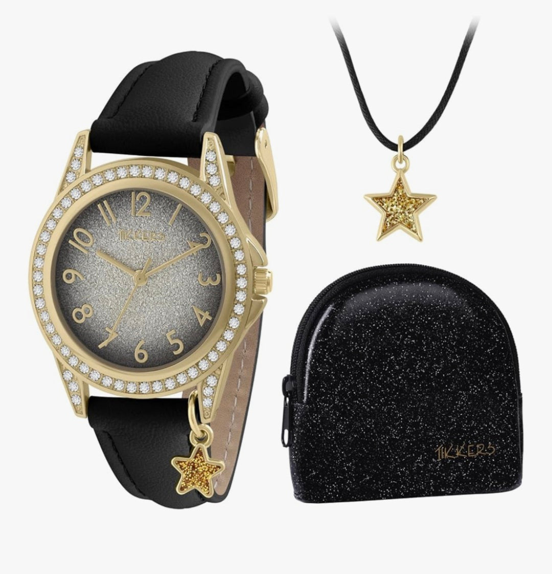 Tikkers Girls Black PU Strap Stone Set Watch, Star Necklace and Purse