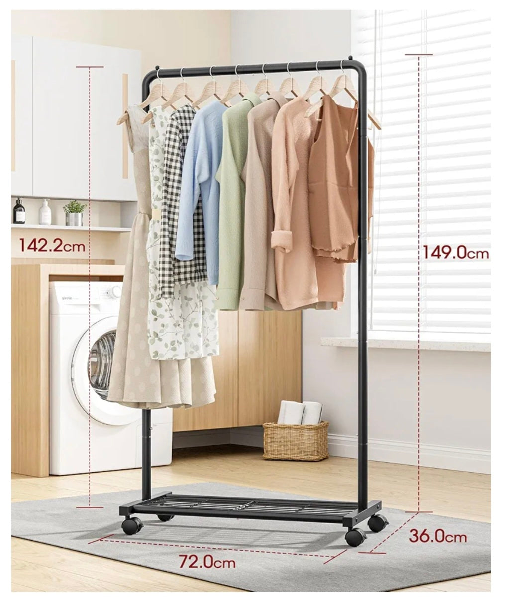 Sakugi Clothes Rail - Movable Clothes Rack with Bottom Shoes Shelf, Heavy-Duty Clothing Rail for Hanging Clothes, Coats, Dresses, Clothes Rail for Bedroom, Closet, Laundry (Black, 72x36x149cm)