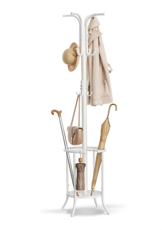 SONGMICS Coat Rack Freestanding, Coat Stand with Umbrella Holder, 12 Hooks, Metal, 175 cm Tall, for Entryway, Hallway, Living Room, Bedroom, Pearl White RCR011W01