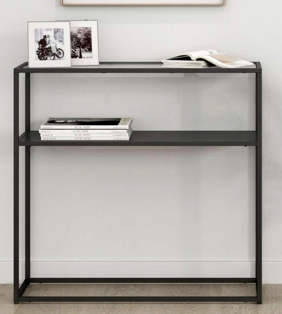 Hallowood Furniture Bewdley 80cm Display Table with Glass Top, Black Console Table with Shelf, Low Bookshelf, Office Shelving Unit, Hallway Display Unit for Living Room, Office and Hallway