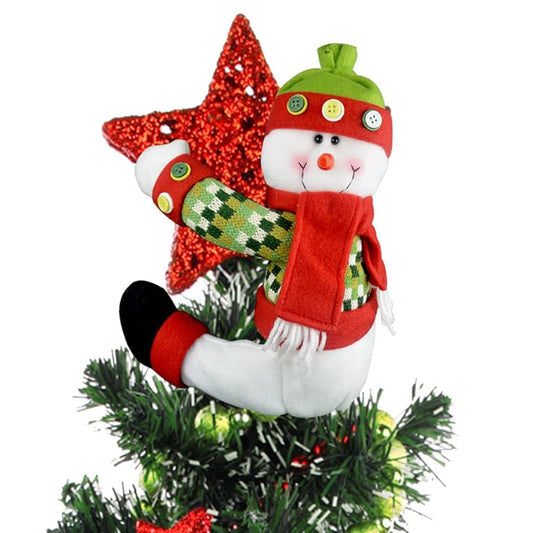 KAHEIGN Christmas Tree Topper, 33CM Large Snowman Xmas Tree Top Hat with Red Scarf and Plaid Jacket for Curtain Tie Hugger Wine Bottle Home Christmas Holiday Winter Party Decor