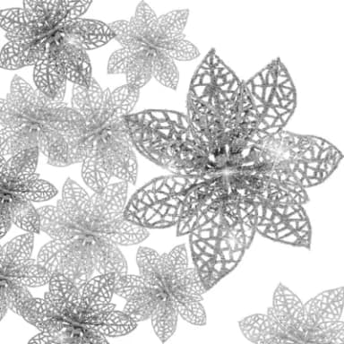 30pcs Christmas Glitter Poinsettia, 7.5/10 /15cm Tree Ornament Flowers Decor for Wreaths, Garland (Silver)