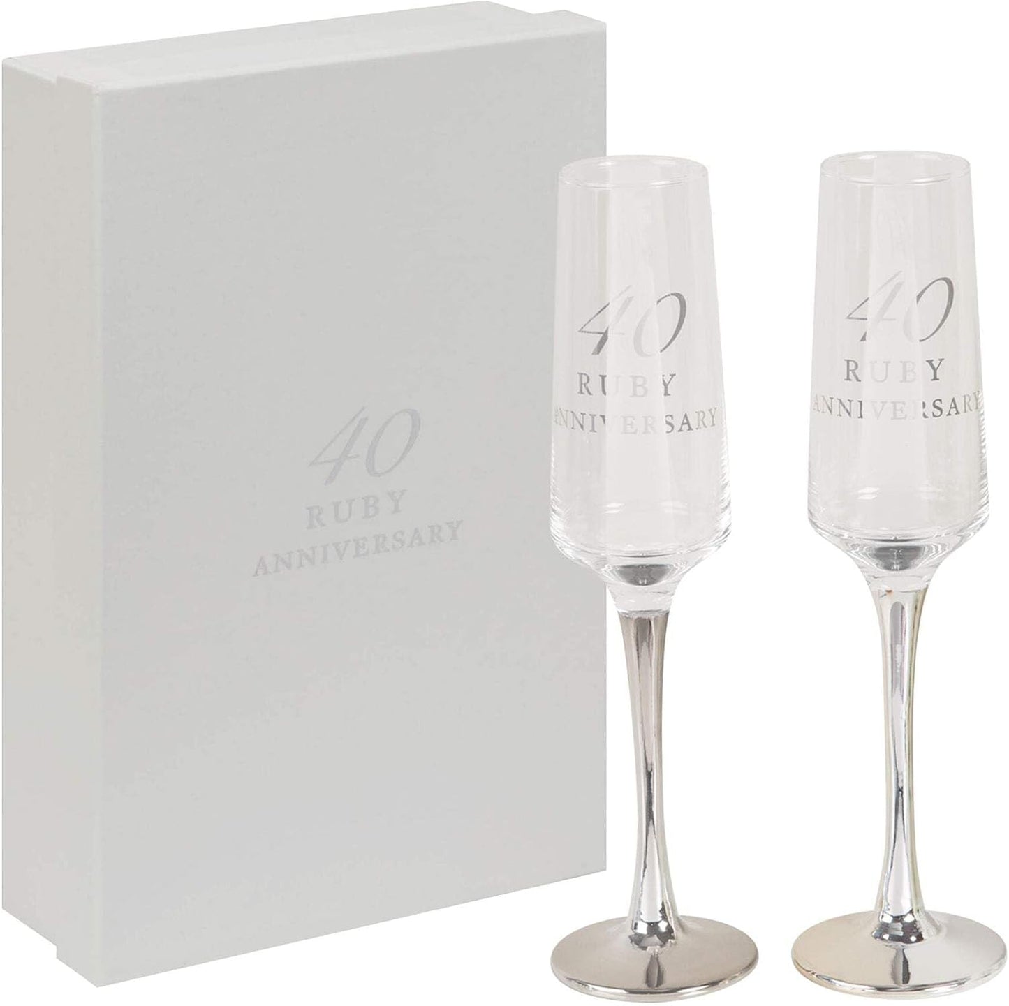 Personalised Amore Set of 2 Ruby 40th Wedding Anniversary Straight Champagne Flutes with silver stems