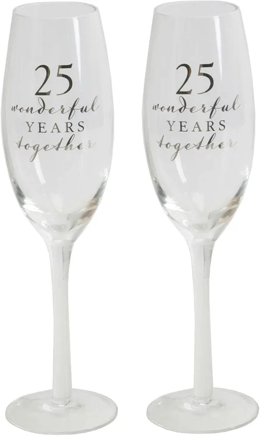 Amore Set of 2 Happy 25th Wedding Anniversary Glass Champagne Whistles In Box