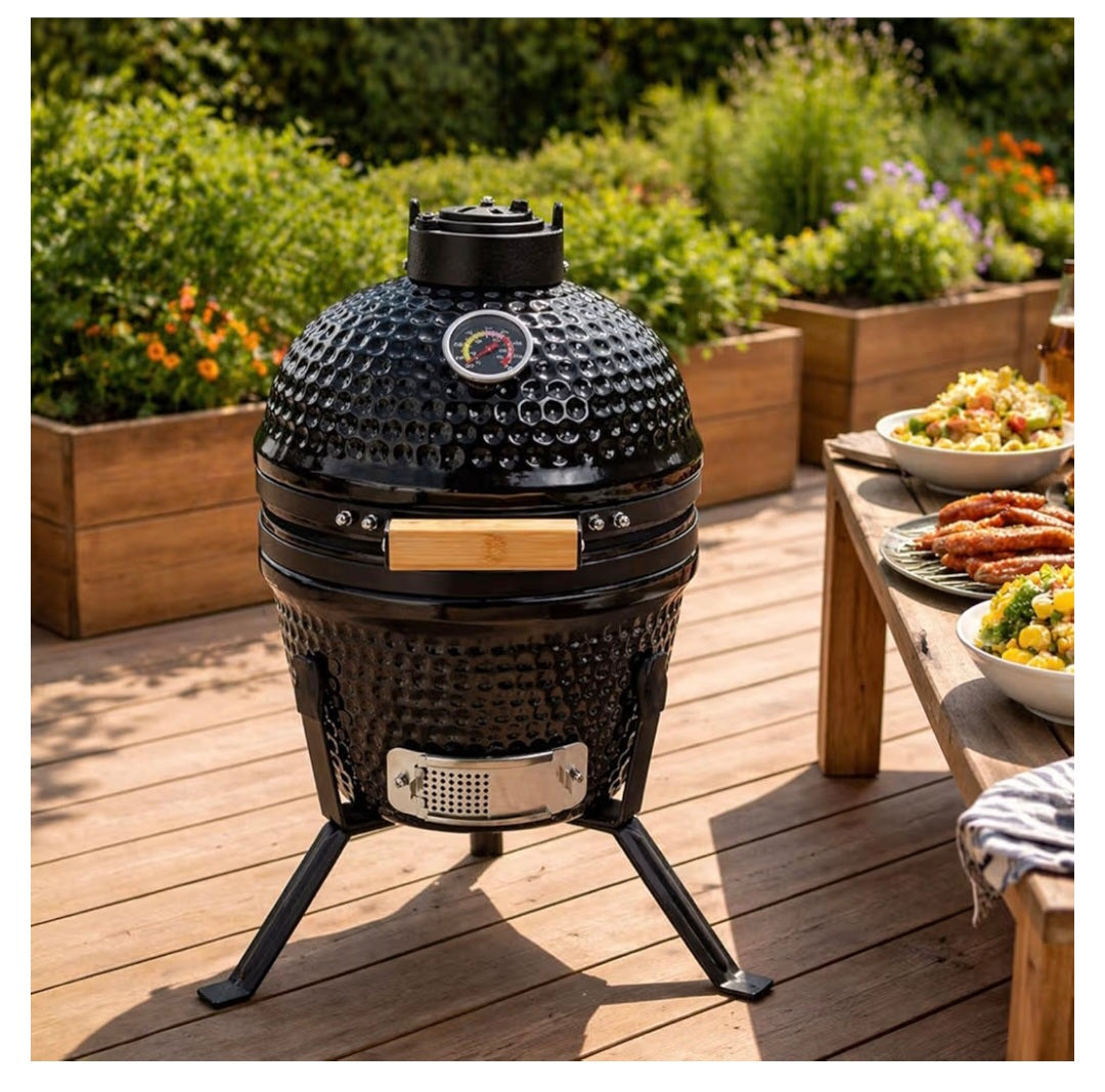 Neo Kamado 13" Ceramic Mini BBQ Grill Smoker Egg Charcoal Cooking Oven, Portable Oven and Smoker with Stand