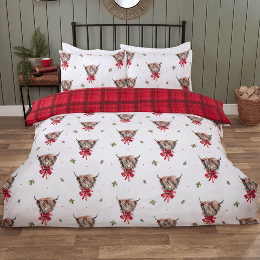 Luxury So Soft Reversible Duvet Set - Festive Fergus Highland Cow Single