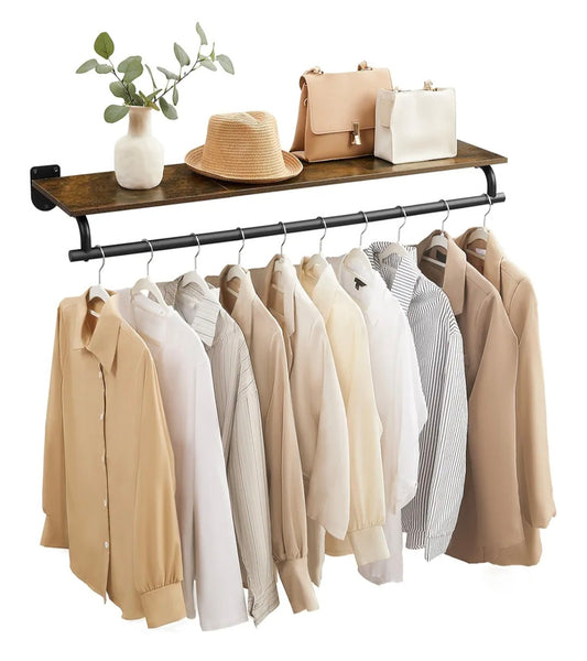SONGMICS Wall-Mounted Coat Rack, Wall Shelf with Hanging Rod, Loads up to 60 kg, 28 x 109 x 13.2 cm, Hallway, Bedroom, Walk-in Closet, Rustic Brown and Ink Black HSR135B01 *see description