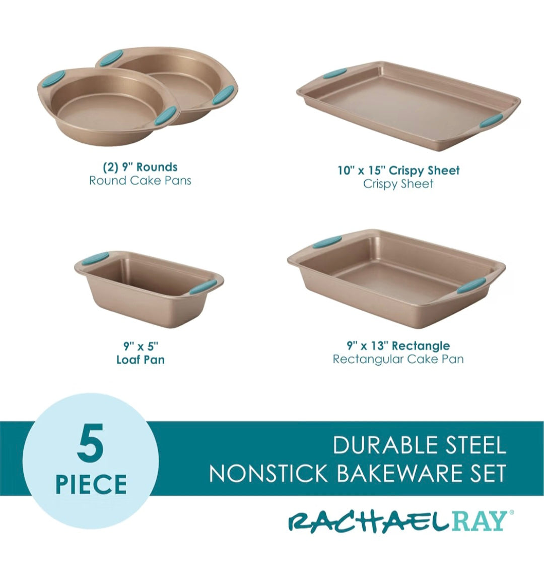 Rachael Ray Nonstick Bakeware 5-Piece Set, Latte Brown with Agave Blue Handle Grips