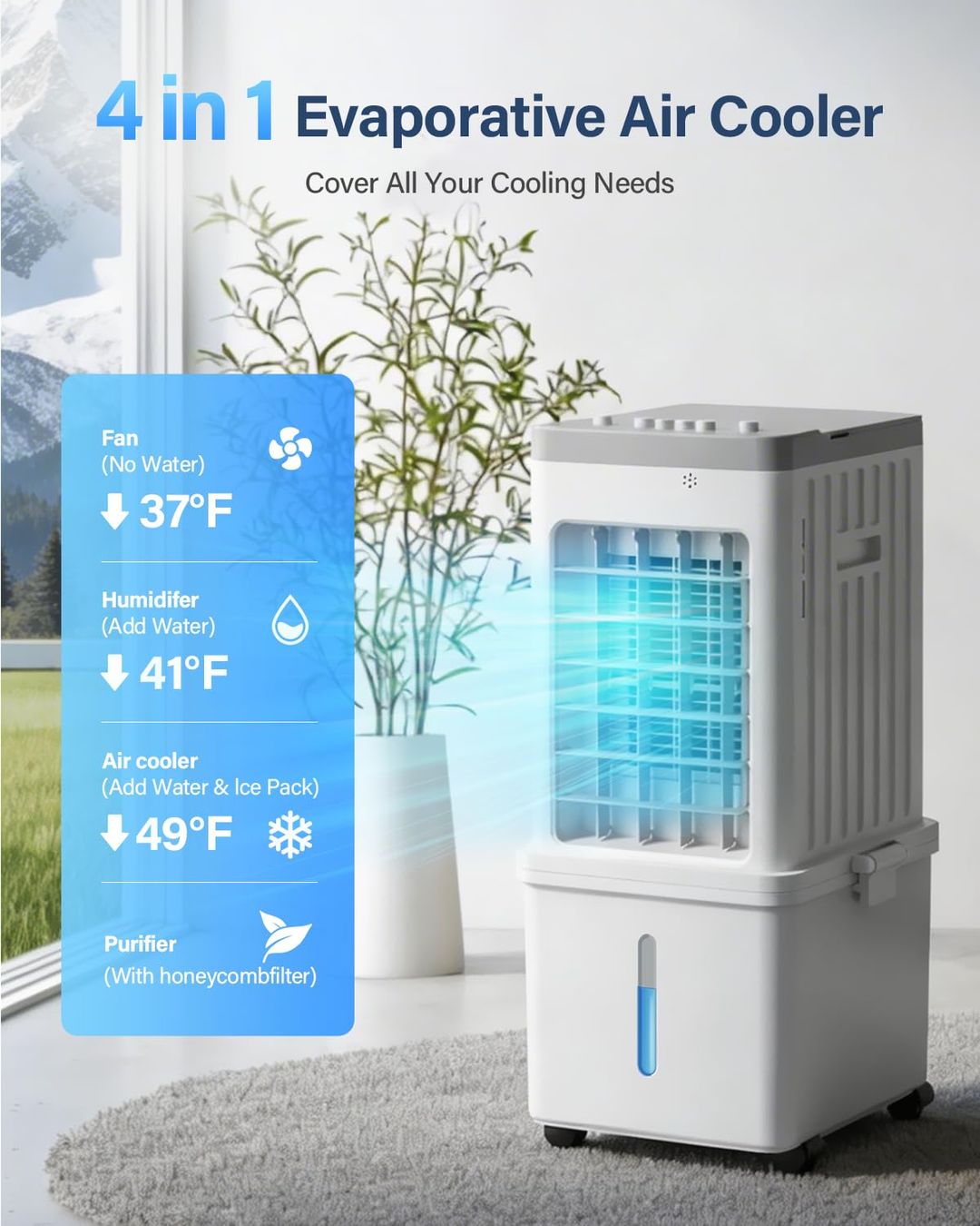 Portable Evaporative Air Cooler 12L 4-in-1 Quiet 35dB 3-Speed 120° Oscillation Detachable Tank with Wheels - White