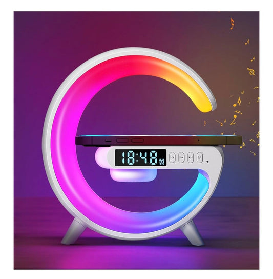 Mini 8cm G Speaker 15W Wireless Charger,Alarm Clock Wake Up Light with Bluetooth Speaker, G Shape LED Table Lamp, Dimmable Night Light, Button Control