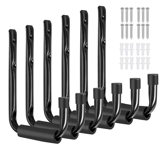 KAHEIGN 6Pcs Heavy Duty Garage Hooks, 15CM Steel Storage Hooks Wall Mounted Hanger Ladder Organizer with EVA Foam for Garage Garden Shed Ladder Chair Hose Bikes Tools (Black)