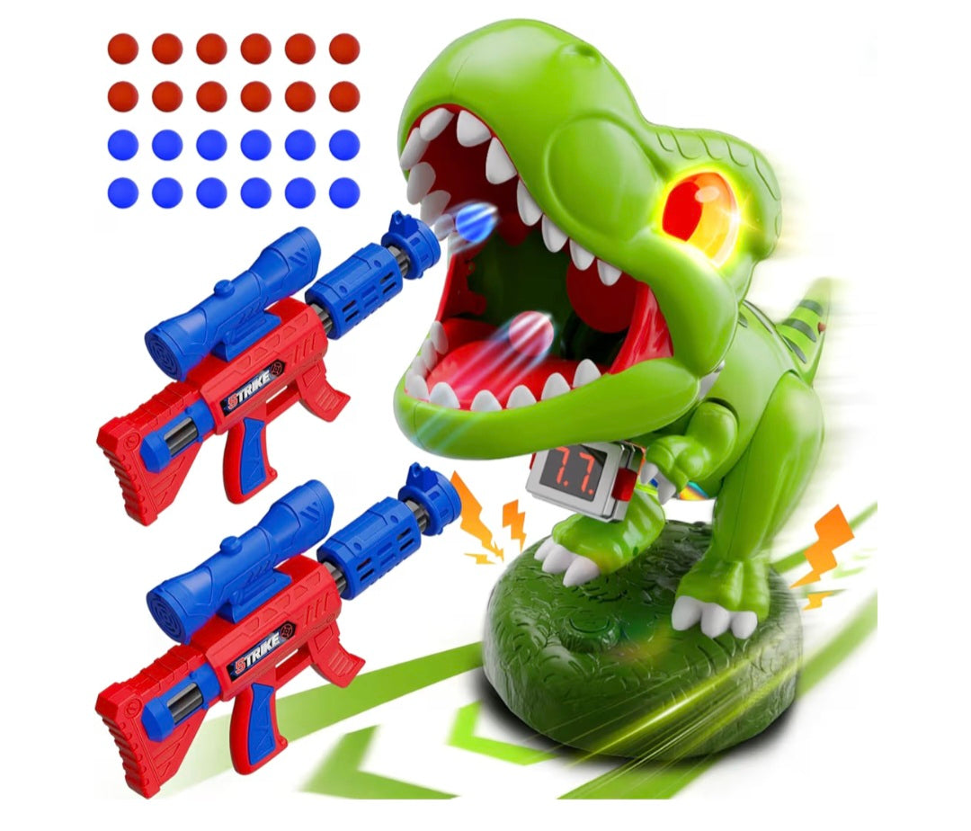 Dinosaur Moveable Shooting Toys Games, 2 Pack Air Pump Guns with Scope, Balls, Roaring, Dino Eye & Belly Glow, Score Counter