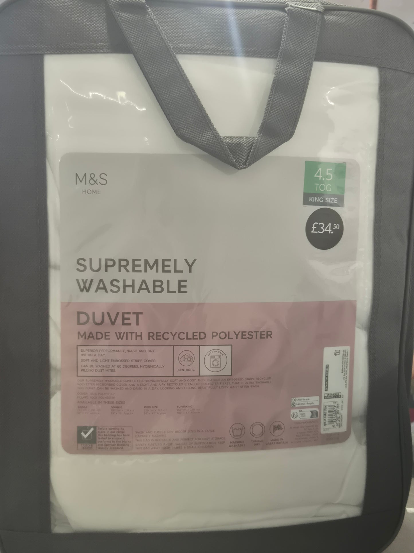 Supremely Washable King Size Duvet 4.5 tog RRP £34.99
