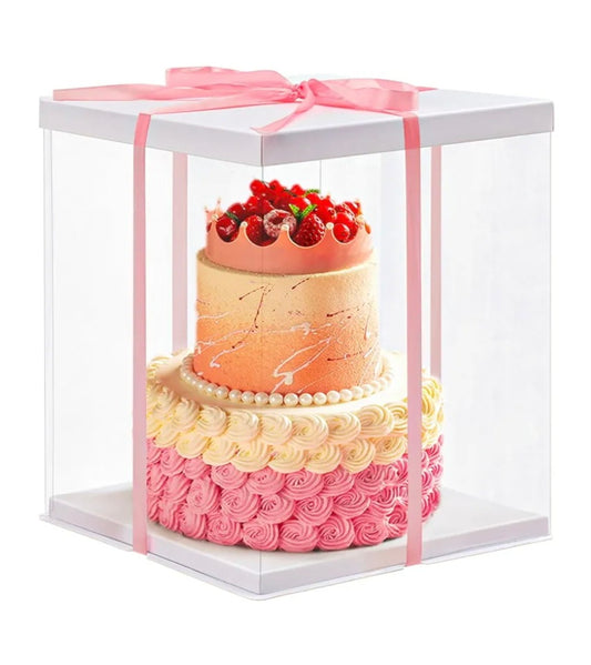 Warmiehomy Clear Cake Box, 34x34x37CM for 12 Inch Tall Cake Box, Transparent Cake gift Boxes with Lid & Ribbon, Plastic Cube Cake Gift Packaging