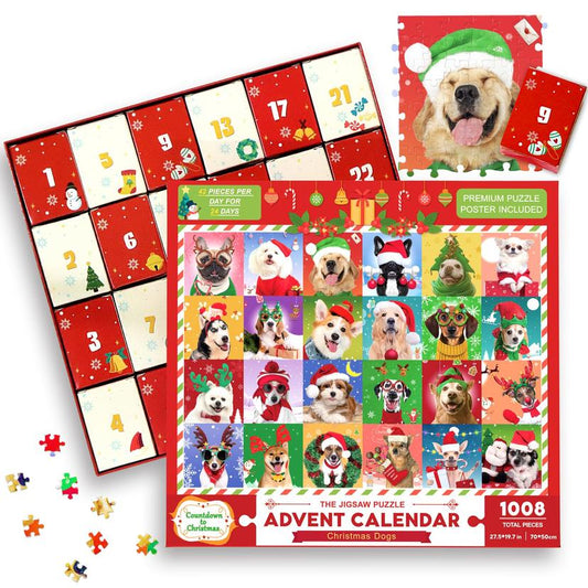 Christmas Advent Calendar - Xmas Dogs Jigsaw Puzzle for Adults kids, 1008 Pieces Holiday Puzzle 24 Days Countdown to Christmas Family