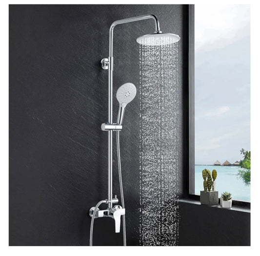 kisimixer Shower System with Diverter Chrome, Shower Mixer Set with 21cm Round Overhead Rainfall Shower Head, 3-Function Handheld Shower, Riser Rail, Adjustable Height Anti Scald Shower Set