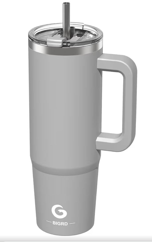 BIGRD Insulated Coffee Cup Travel Mug with Handle and Straw 40oz,Stainless Steel Double Wall Vacuum Leak Proof Water Bottle for Cold Hot 1.2L,BPA-Free,Grey