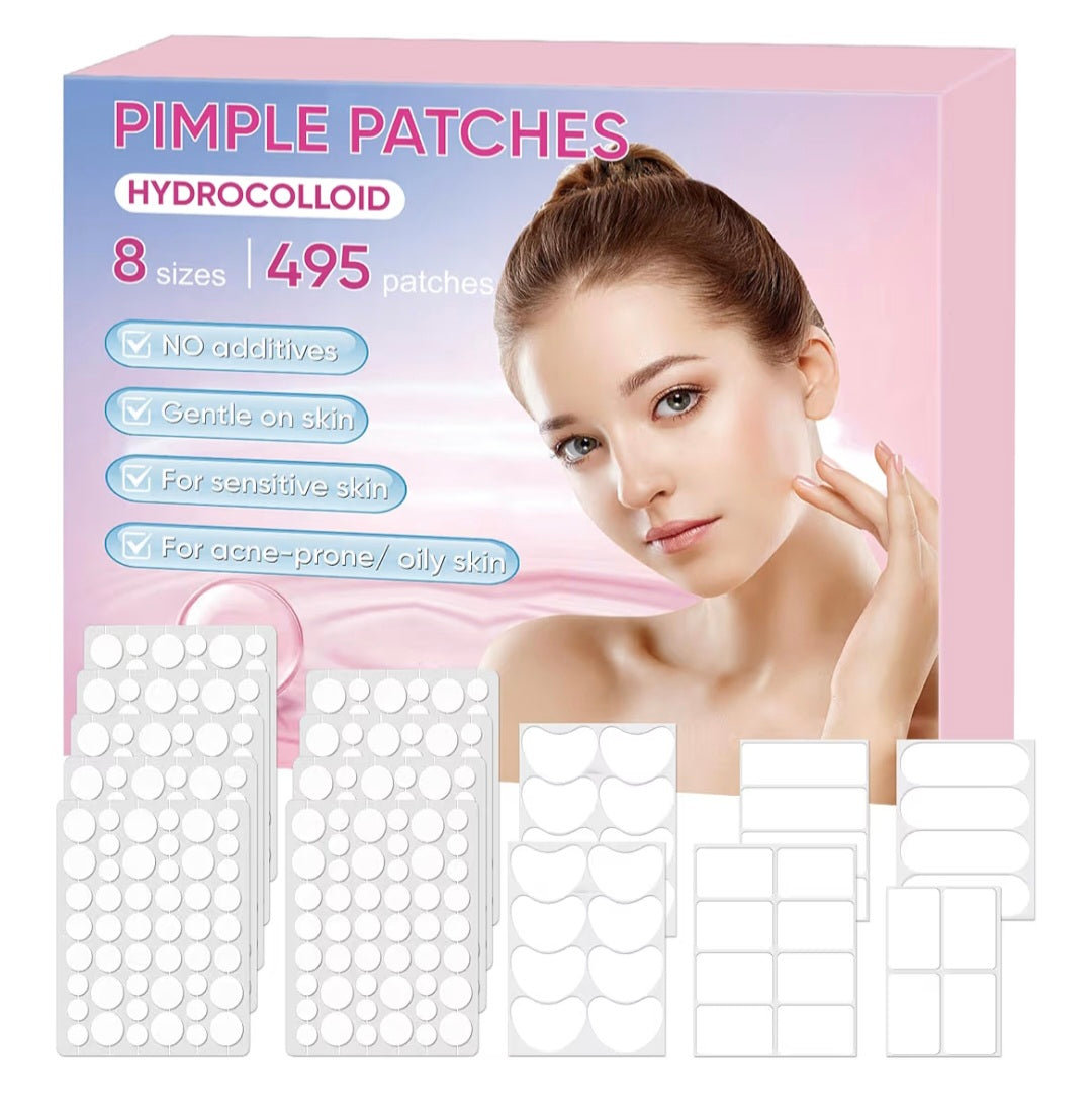 EASICUTI Pimple Patches, 8 Sizes 495 Count Hydrocolloid Acne Patch Treatment Stickers for Face, Forehead, Nose, Chin, Body, Back, Chest, Blemishes Breakouts Skin Care (Dot, Square, Strip, Oval, Moon)